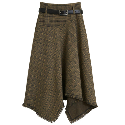 秋冬季不规则格纹流苏毛呢半身裙