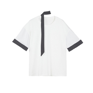 SANI奥莱反季清仓配围脖飘带卷边条纹圆领短袖棉感T恤通勤上衣女