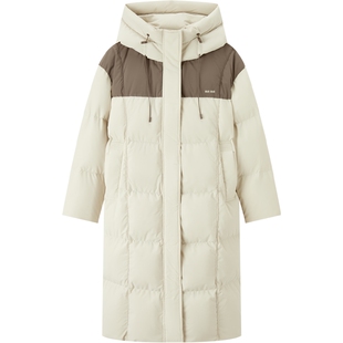 爱居兔长款连帽羽绒服女冬季新款时尚拼色保暖防风外套