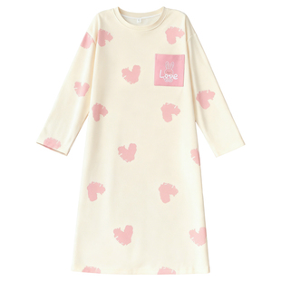 春秋季新款女士圆领中长款睡裙青少年长袖连衣裙宽松家居服可外穿