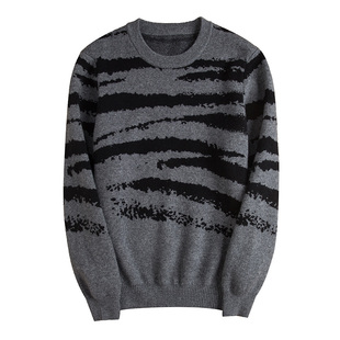 新款水墨纹羊绒毛衣男套头圆领休闲衫撞色加厚100纯羊绒衫男青年