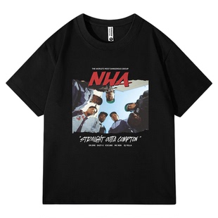 Fortee 冲出康普顿 NWA说唱水洗做旧落肩印花重磅T恤男女宽松短袖