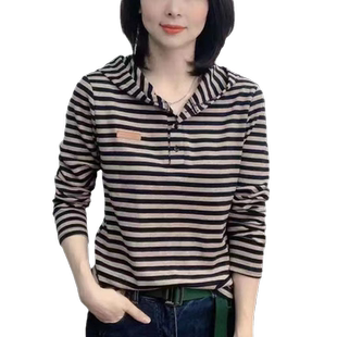 春秋季长袖t恤女新款显瘦体恤中年妈妈装宽松大码连帽卫衣打底衫