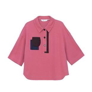 MOVEUP幻走2025春秋中袖宽松翻领撞色短款套头polo衫t恤女粉色