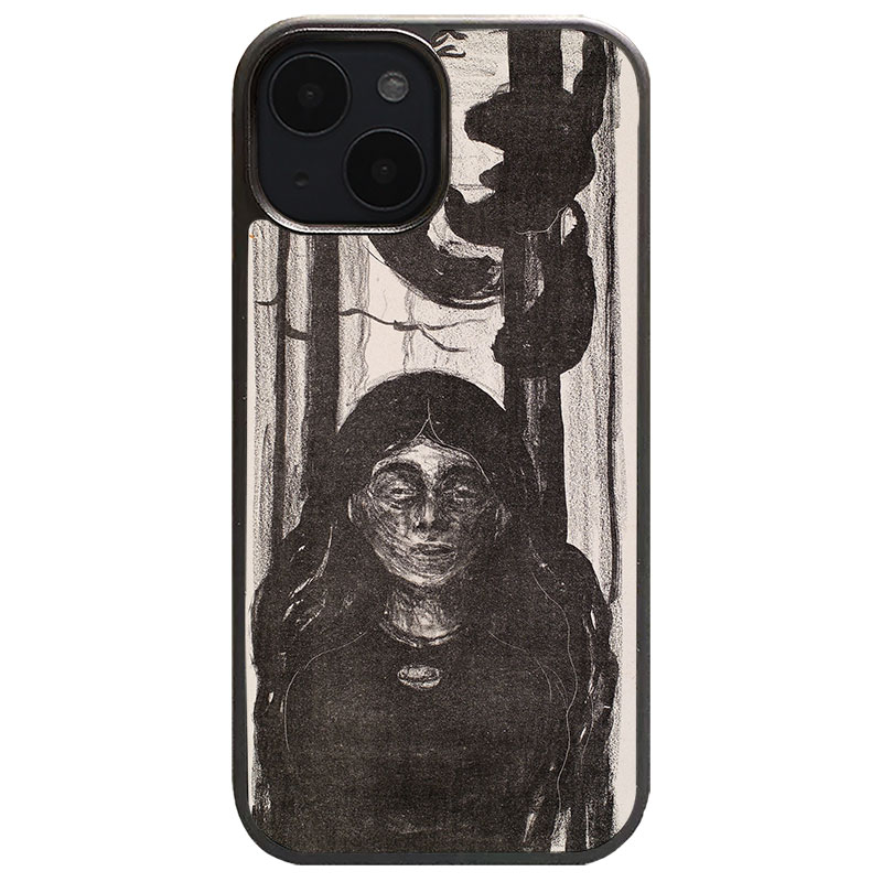 蒙克黑白版画女子深邃幽沉人像碳纤维钢化玻璃手机壳适用于iPhone17ProMax苹果16小众艺术磨砂磁吸防摔保护套