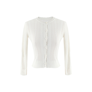 Mummy Cat下蛋喵 波浪边竖条麻花甜美修身薄款针织开衫