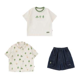 幼悠男童小树系列套装夏季数码满印翻领衬衫宽松牛仔五分裤多件套