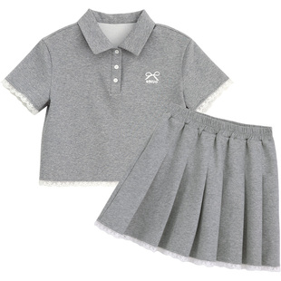 诺诺公主S1N初中生女大童夏套装百褶裙学生青少年灰色少女短裙子