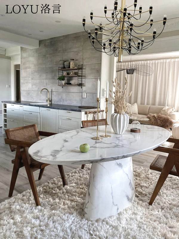 天然大理石餐桌飞碟椭圆形法式复古奶油风饭桌大花白轻奢高档个性