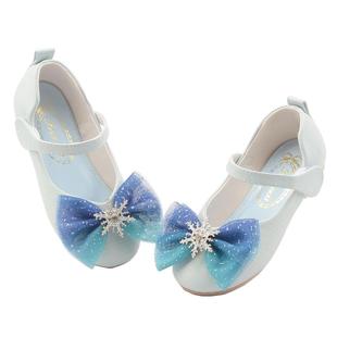 3-6女童蓝色皮鞋新款艾莎5女孩花童鞋儿童宝宝单鞋冰雪奇缘公主鞋