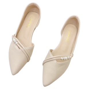 法式侧空尖头平底单鞋女2026春夏季新款气质百搭软皮水钻浅口瓢鞋