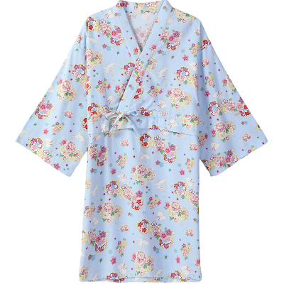 tutuanna春秋全棉睡衣女兔子花团满印透气和服长袖长款睡裙家居服