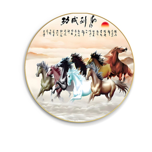 八骏图入户玄关客厅圆形挂画马到成功办公室高端书房装饰画茶室画