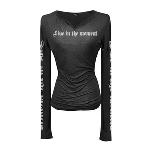 Gods plan*上帝计划原创暗黑轻亚V领收腰长袖t恤女印花显瘦辣妹