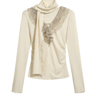 F1protagonist 层叠双层珠片V领针织衫春秋T恤女针织衫长袖上衣