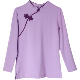 纯棉t恤立领盘扣女士春季民族风七分袖打底衫复古茶服女汉服上衣