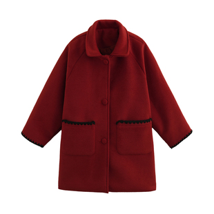 砚台家女童毛呢大衣红色中长款夹棉冬装新款宝宝新年加厚保暖外套