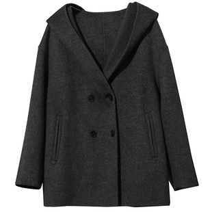 Amii连帽双排扣牦牛绒骆驼绒蚕丝羊毛双面呢大衣女款冬装毛呢外套