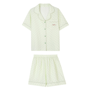 JoyceBra2026夏季绿色波点翻领睡衣女薄款透气舒适短袖家居服套装