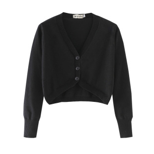 新款春季薄款女士针织开衫V领长袖外搭高腰修身百搭短款披肩外套