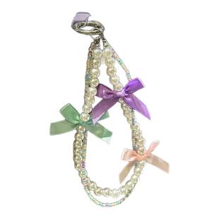 仙气珍珠手机链创意丝带蝴蝶结挂链短款手腕高端串珠手链粉色挂件钥匙扣ccd相机挂饰包包防丢挂绳链子垫片壳