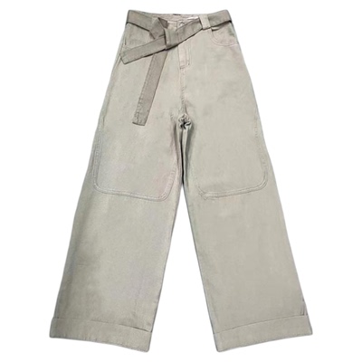 灰绿色飘带休闲阔腿牛仔裤女