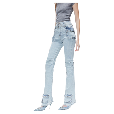 ‘Captain' Jeans 功能性两侧口袋膝盖褶皱高腰牛仔马蹄裤