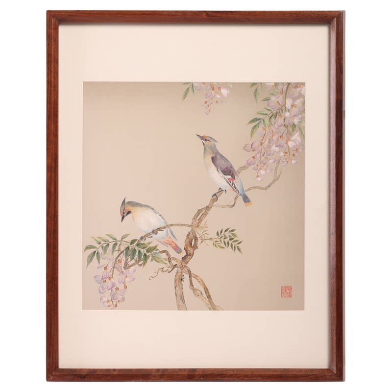 姚建萍刺绣紫藤花鸟图挂画收藏级