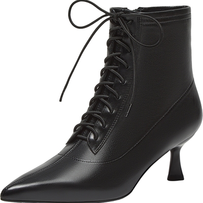 真美诗冬新款细腻羊皮优雅尖头时装靴细跟高跟短靴女YVA46DD4