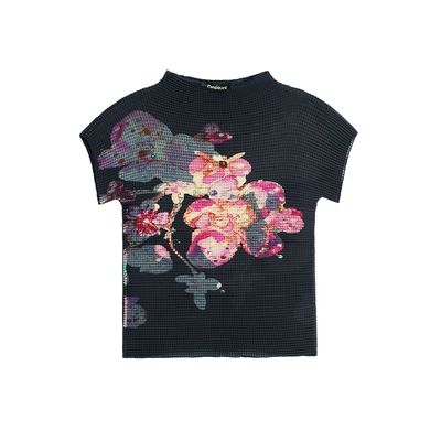 Desigual26秋冬新品黑色肌理手绘花卉印花半高领修身女式T恤