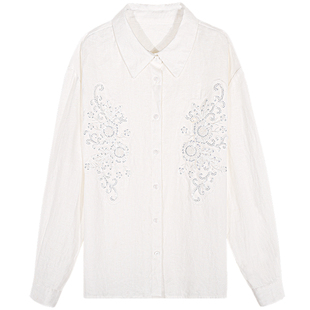 落落狷介 衬衫女高级感轻奢减龄洋气白色钉珠亚麻上衣2025年新款