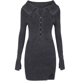 GUUKAHERO深灰性感辣妹连衣裙女 房函冰同款镂空一字领短款包臀裙