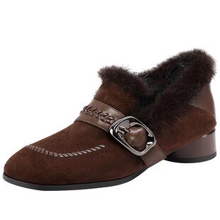 秋冬季新款羊皮水貂毛粗跟皮带扣真皮保暖方头加绒深口单鞋毛毛鞋