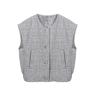 DeesseSicile 折扣 银灰色粗花呢格子马甲落肩廓形圆领背心外套