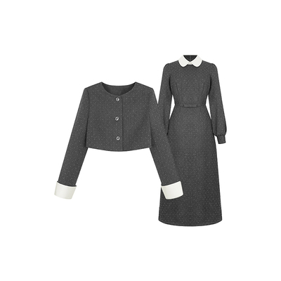 安妮不火 烫钻呢料夹棉外套连衣裙套装女微胖大码气质小香两件套