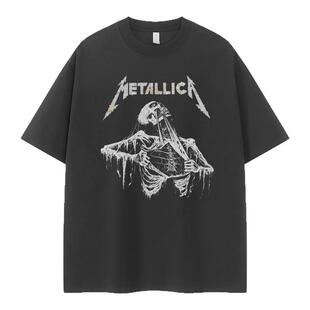 Metallica金属乐队复古美式街头暗黑骷髅小众设计感摇滚短袖T恤衫