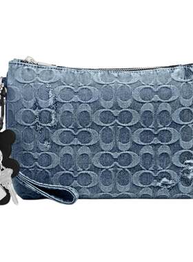 【新品】COACH/蔻驰奥莱男士复古挚爱老花丹宁牛仔挂件装饰手拿包
