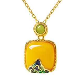 宫里上新蜜蜡吊坠项链天然正品女款琥珀小方糖纯银毛衣链生日礼物