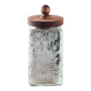 复古海棠花雪花玻璃密封罐浮雕家用收纳咖啡豆茶叶白糖储物罐木盖