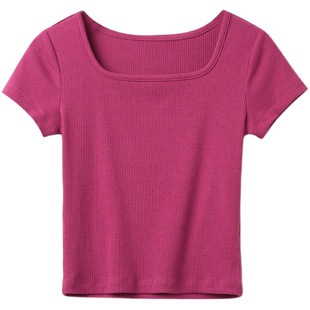 23445 优可丝木纤维 多巴胺玫红短款修身短袖 女士罗纹弹力背心