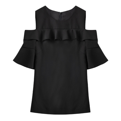 黑色荷叶边一字肩遮肚子雪纺衫