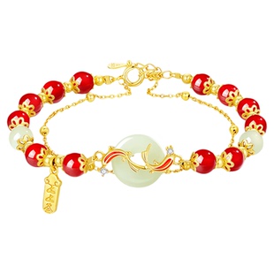 中国黄金央创锦鲤红玛瑙手串和田玉平安扣手链情人节新年礼物S925