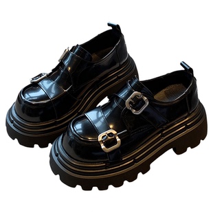 【TFM】小皮鞋女厚底6CM增高百搭复古英伦风双扣带魔术贴乐福鞋子