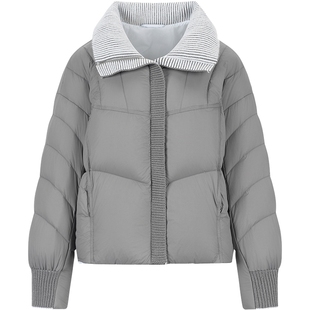 衣香丽影浅灰色细格纹立领羽绒服女短款2025年冬装新款小个子外套