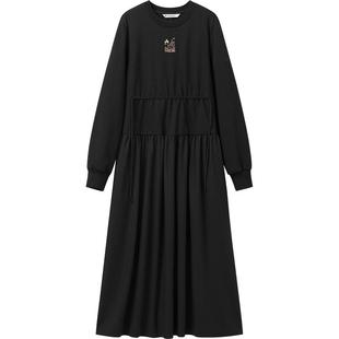 播冬季黑色刺绣连衣裙女收腰显瘦圆领长裙DDR4LD5102