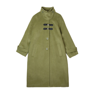 杨二大梦原创淡绿色皮搭扣安全扣大衣女秋冬加厚毛呢外套2025新款