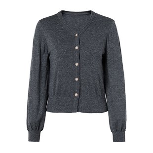 马天奴女装春秋新款灰色羊毛混羊绒针织开衫V领单排扣毛衫气质女