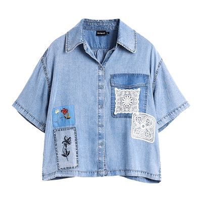 Desigual26秋冬新品浅蓝天丝牛仔蕾丝贴布刺绣短袖女式衬衫
