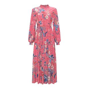 DVF粉色植物印花灯笼袖收腰长袖中长款连衣裙DL4R023