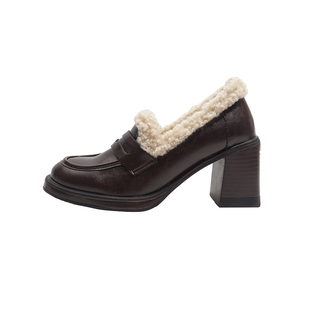 真皮~骄屿复古加绒乐福鞋女粗跟毛毛小皮鞋一脚蹬高跟玛丽珍单鞋